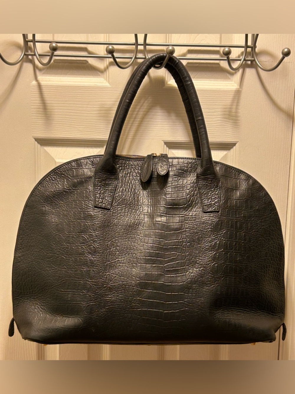 2ND SKIN Black Textured Leather Dome Satchel Handbag Top Handles Zipper Closure